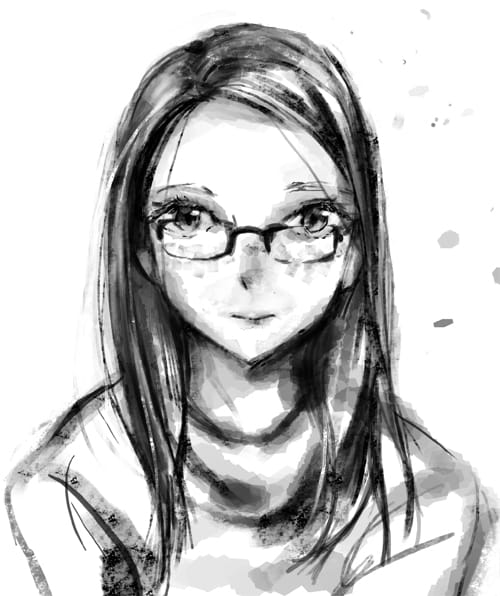 a portrait of a young woman, she is wearing dark, rectangular-framed glasses and her long, straight, dark hair is parted down the middle and frames both sides of her face.