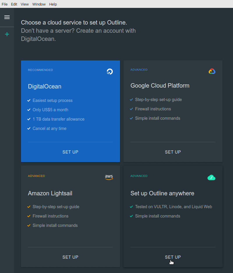 A screenshot of outlines VPN client which supports multiple VPS providers from hostkey.com
