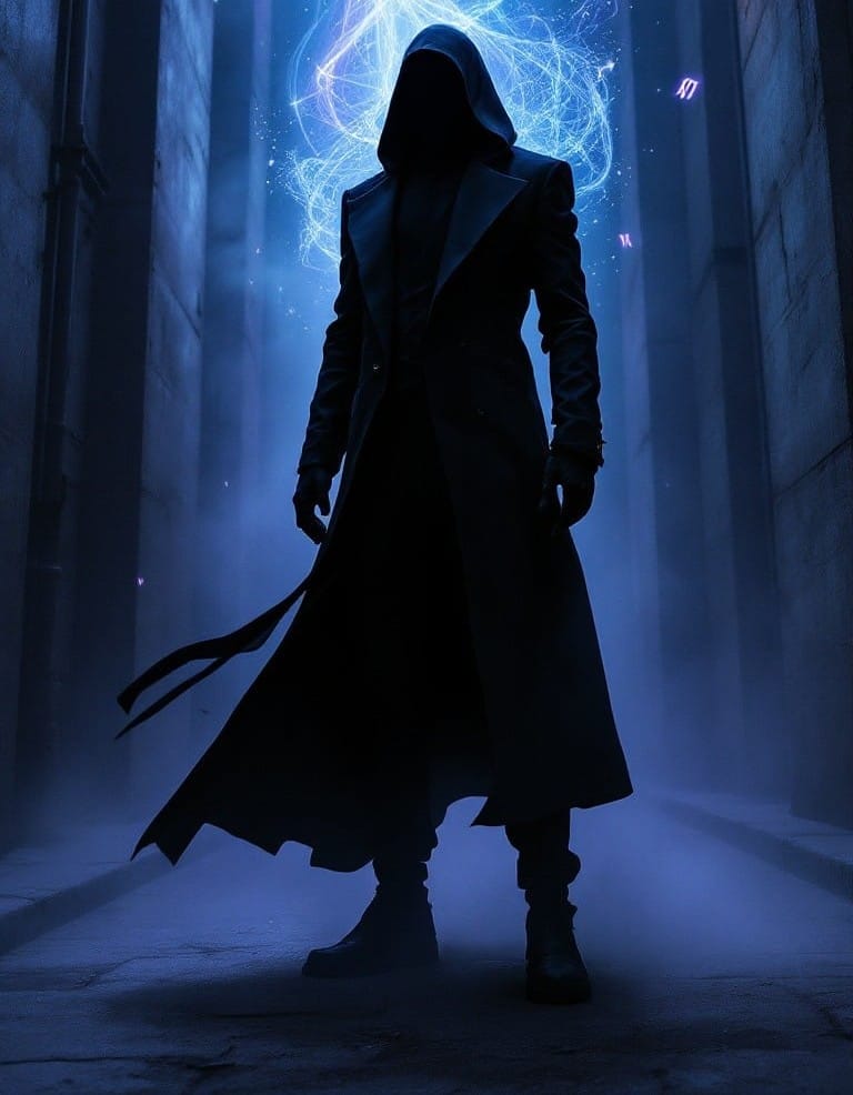 A central, mysterious figure stands facing forward, dressed in a long, dark, flowing trench coat or duster, dark trousers, and combat-style boots.
