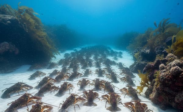 A school of lobsters in the ocean migrates out to deeper water to avoid an incoming storm. They have formed lose columns making it appears as if they are in traffic lanes.